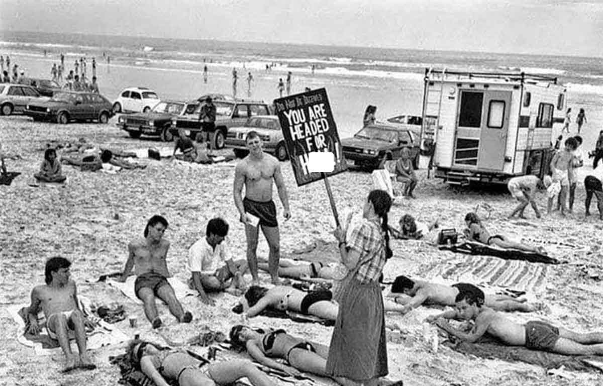 Puritan picket against over revealing swimwear, 1986.