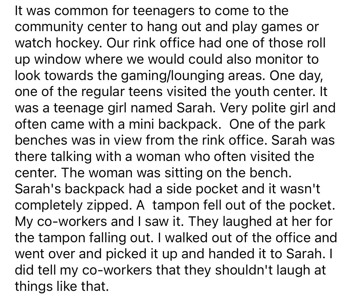 number - It was common for teenagers to come to the community center to hang out and play games or watch hockey. Our rink office had one of those roll up window where we would could also monitor to look towards the gaminglounging areas. One day, one of th