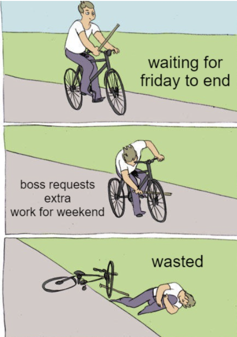 Meme - boss requests extra work for weekend waiting for friday to end wasted