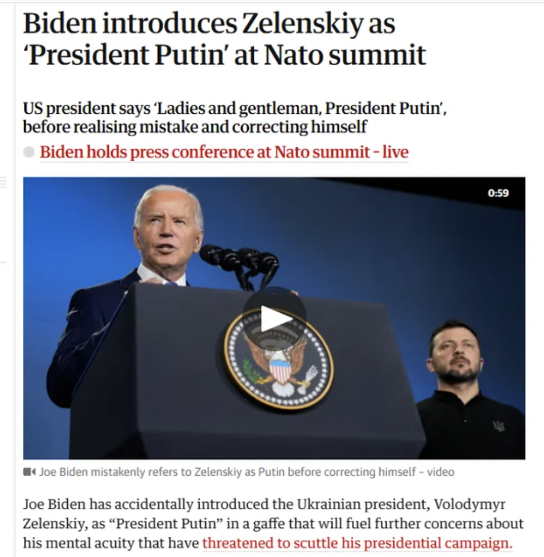 speech - Biden introduces Zelenskiy as 'President Putin' at Nato summit Us president says 'Ladies and gentleman, President Putin', before realising mistake and correcting himself Biden holds press conference at Nato summitlive Joe Biden mistakenly refers 