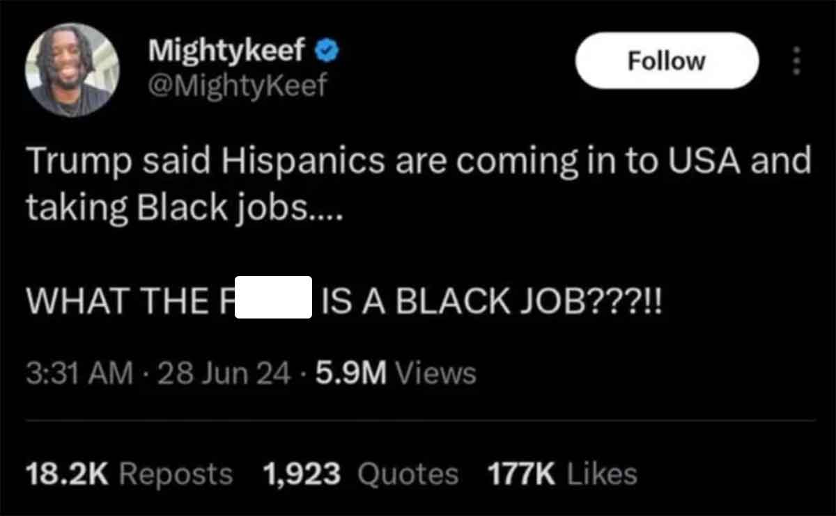 screenshot - Mightykeef Trump said Hispanics are coming in to Usa and taking Black jobs.... What The Is A Black Job???!! 28 Jun 24 5.9M Views Reposts 1,923 Quotes