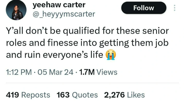 screenshot - yeehaw carter Y'all don't be qualified for these senior roles and finesse into getting them job and ruin everyone's life 05 Mar 24 1.7M Views 419 Reposts 163 Quotes 2,276