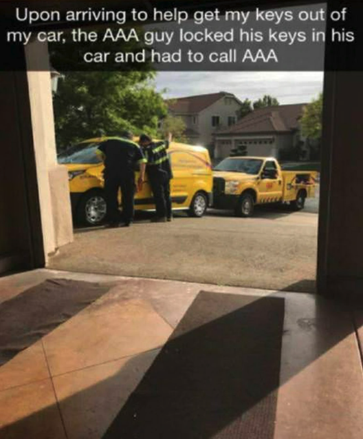 aaa locked keys in car - Upon arriving to help get my keys out of my car, the Aaa guy locked his keys in his car and had to call Aaa