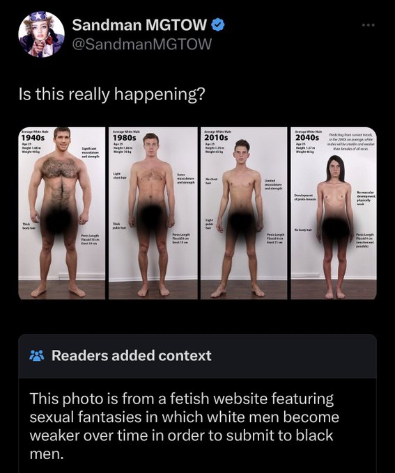 screenshot - Sandman Mgtow Is this really happening? 1940s 1980s Pting from 2010s 2040s ht P Readers added context This photo is from a fetish website featuring sexual fantasies in which white men become weaker over time in order to submit to black men.