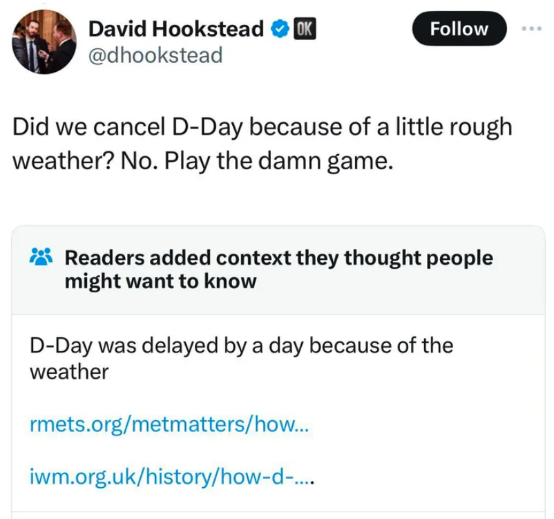 screenshot - David Hookstead Ok Did we cancel DDay because of a little rough weather? No. Play the damn game. Readers added context they thought people might want to know DDay was delayed by a day because of the weather rmets.orgmetmattershow...…