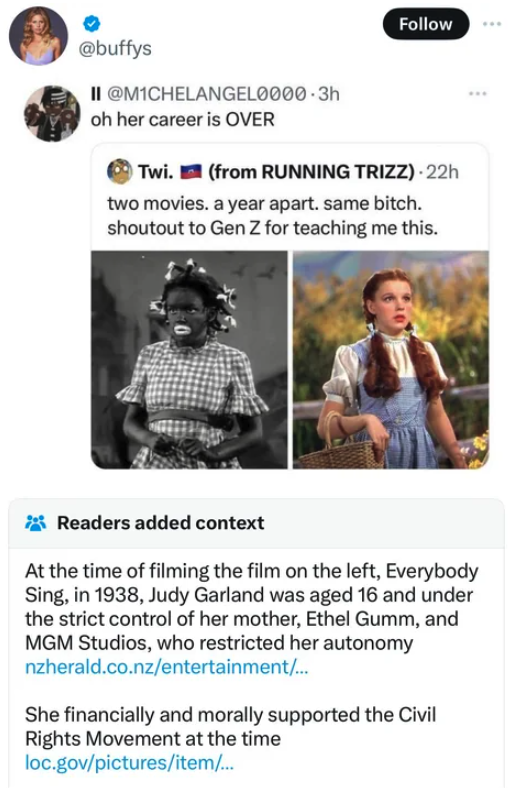 Judy Garland - Ii .3h oh her career is Over Twi. from Running Trizz22h two movies. a year apart. same bitch. shoutout to Gen Z for teaching me this. Readers added context At the time of filming the film on the left, Everybody Sing, in 1938, Judy Garland w