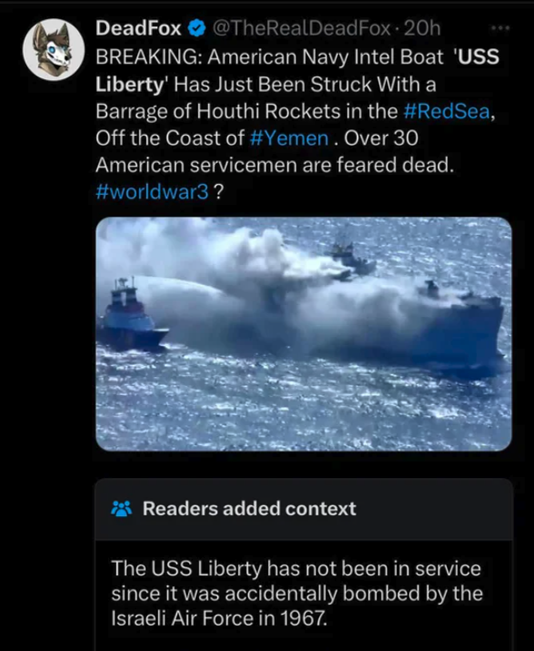 sea - DeadFox . 20h Breaking American Navy Intel Boat 'Uss Liberty' Has Just Been Struck With a Barrage of Houthi Rockets in the , Off the Coast of . Over 30 American servicemen are feared dead. ? Readers added context The Uss Liberty has not been in serv