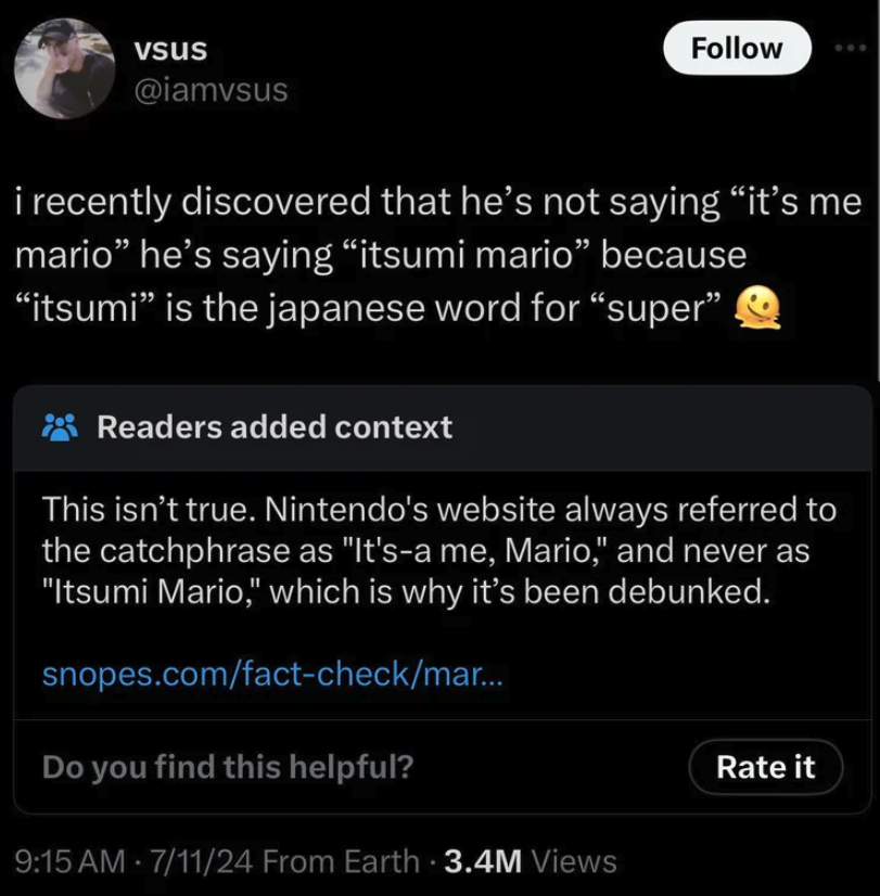 screenshot - vsus i recently discovered that he's not saying "it's me mario he's saying "itsumi mario" because "itsumi" is the japanese word for "super" Readers added context This isn't true. Nintendo's website always referred to the catchphrase as "It'sa