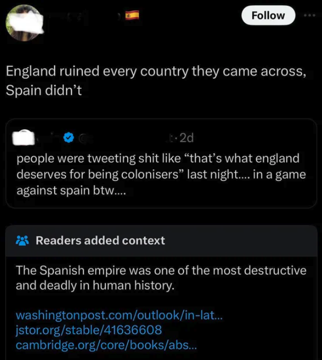 screenshot - England ruined every country they came across, Spain didn't t2d people were tweeting shit