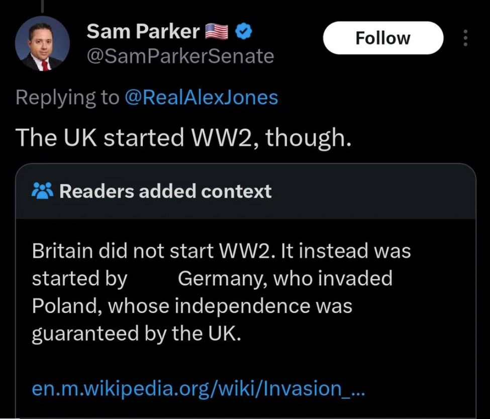 screenshot - Sam Parker The Uk started WW2, though. Readers added context Britain did not start WW2. It instead was started by Germany, who invaded Poland, whose independence was guaranteed by the Uk. en.m.wikipedia.orgwikiInvasion_...