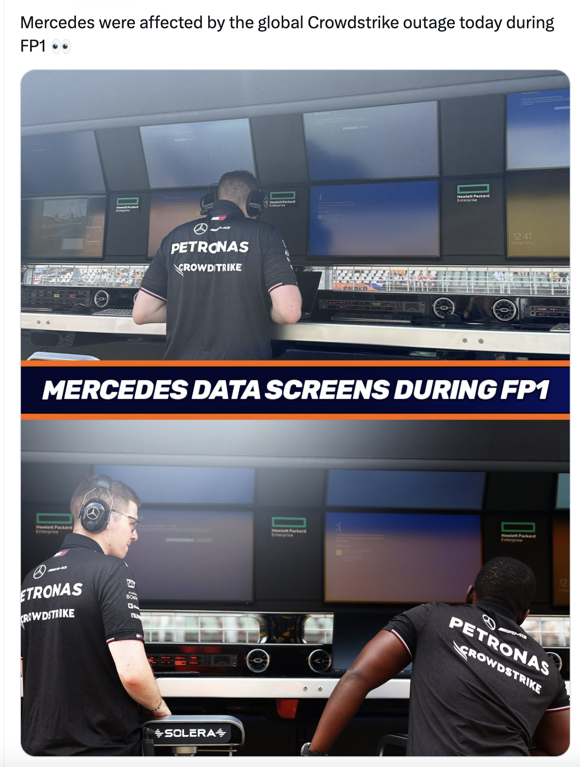 flat panel display - Mercedes were affected by the global Crowdstrike outage today during FP1.. Petronas Crowd Time Mercedes Data Screens During FP1 Tronas Solera Petronas Crowdstrike