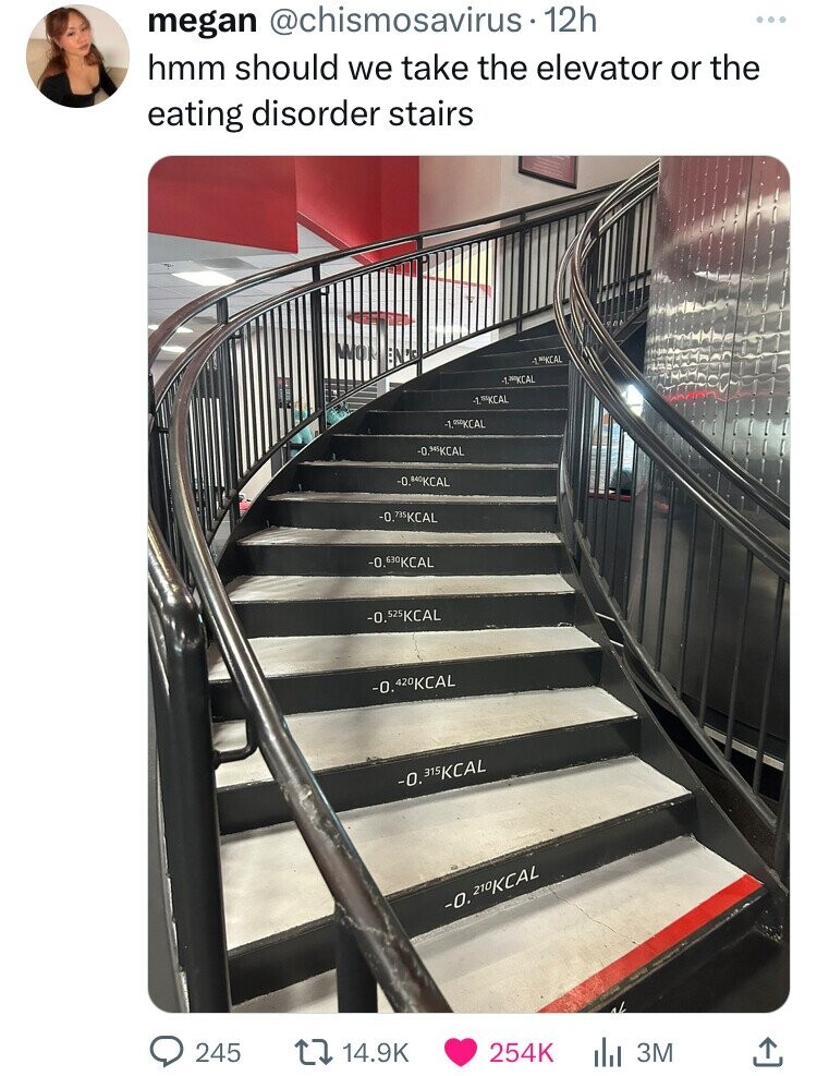 Eating disorder - megan . 12h hmm should we take the elevator or the eating disorder stairs 1KCAL 1.Kcal 1.Kcal Cal Cal Cal Cal Cal 0.525 Kcal 0.420 Kcal 0.315 Kcal Cal 245 Ill 3M