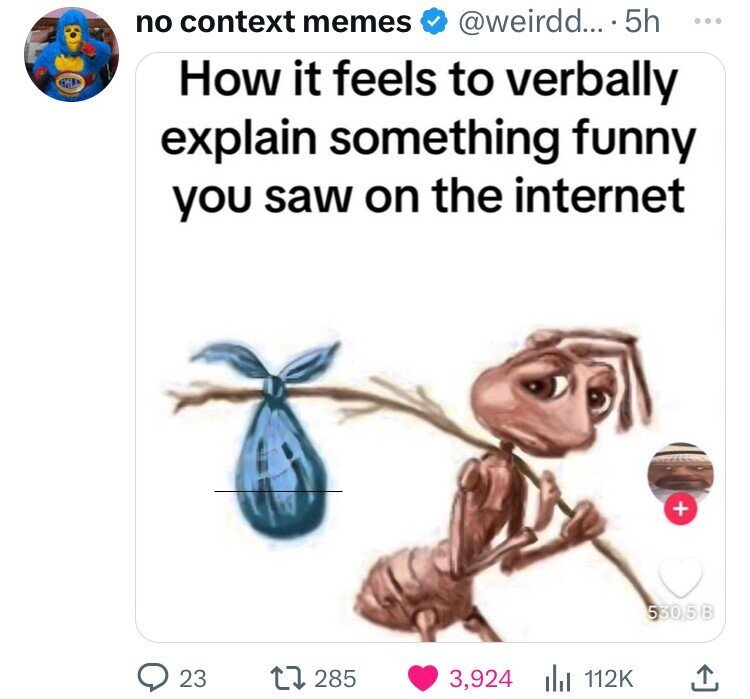 sad ant - no context memes .... 5h How it feels to verbally explain something funny you saw on the internet 530,5 B 23 1285 3,