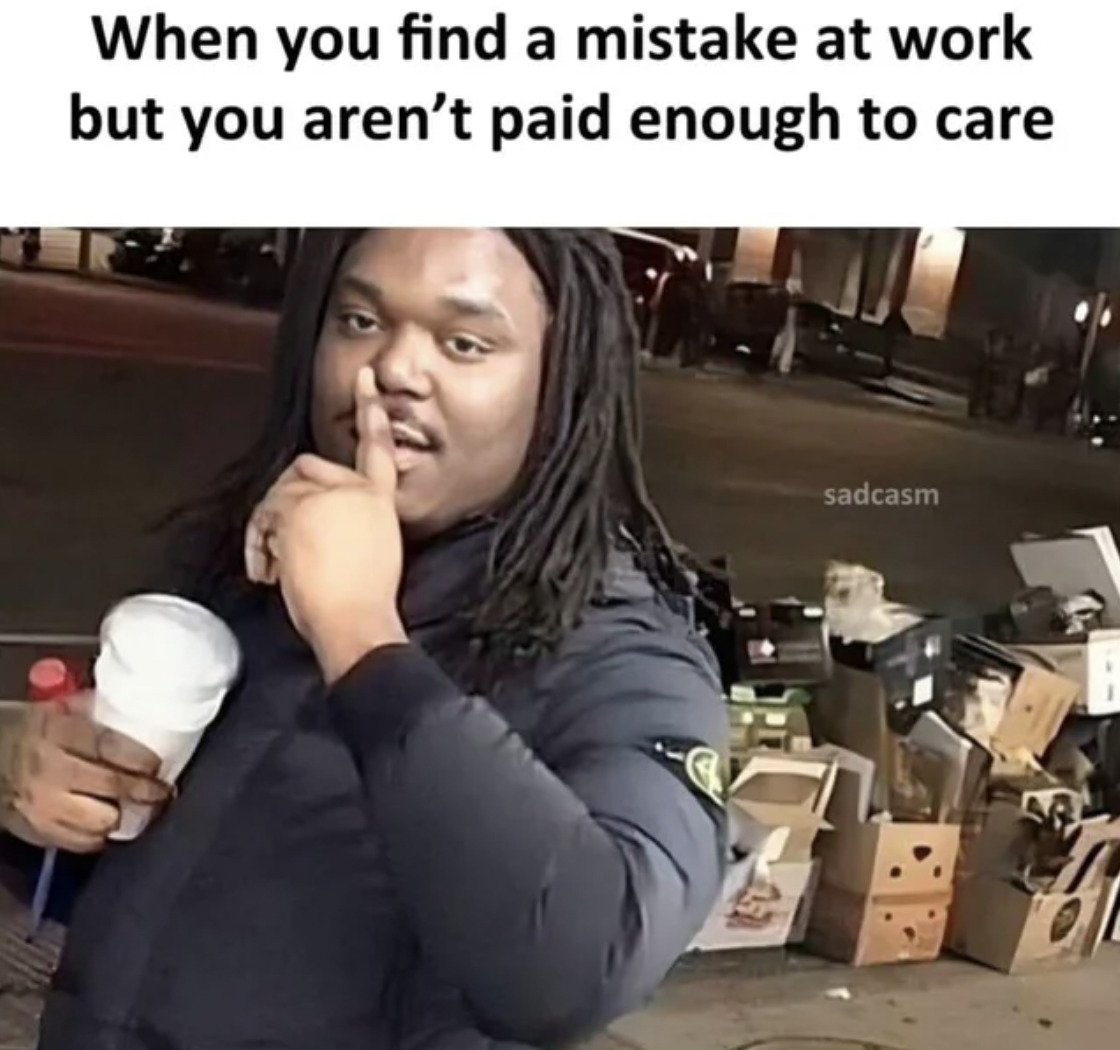 lucki memes - When you find a mistake at work but you aren't paid enough to care sadcasm