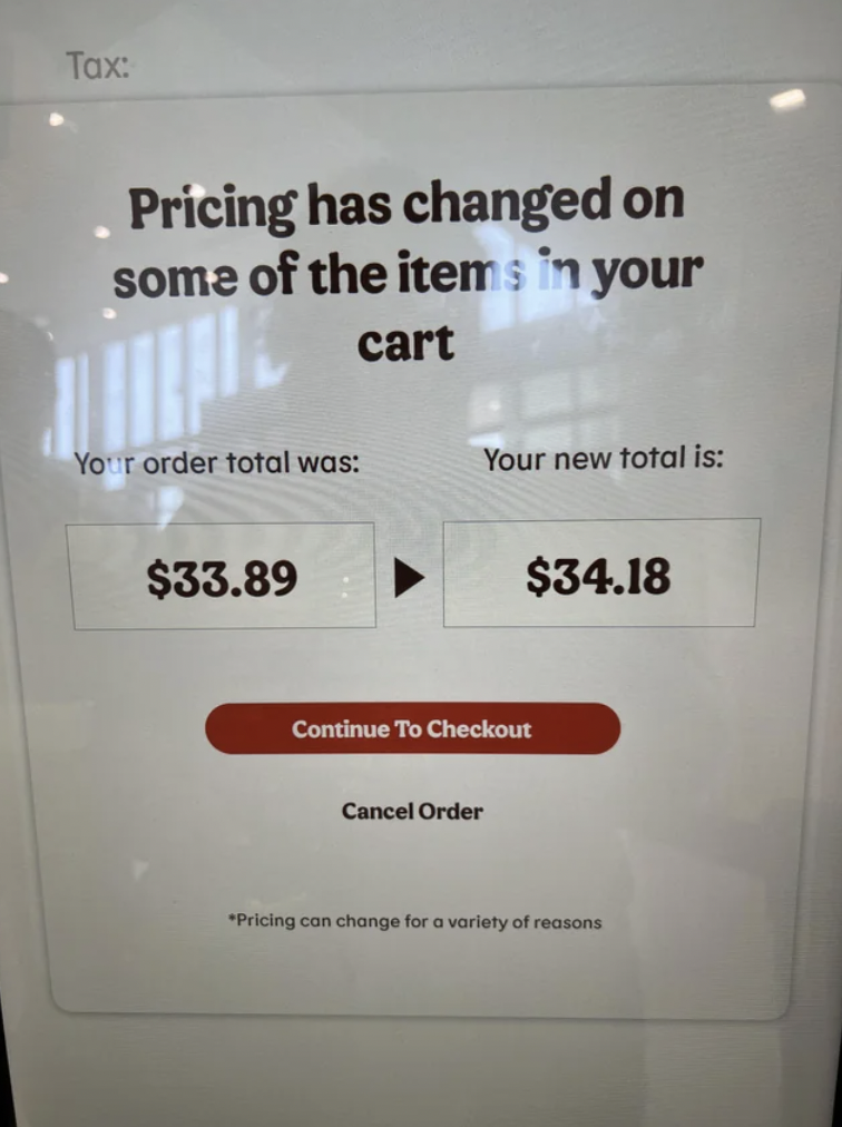 burger king surge pricing - Tax Pricing has changed on some of the items in your cart Your order total was Your new total is $33.89 $34.18 Continue To Checkout Cancel Order "Pricing can change for a variety of reasons