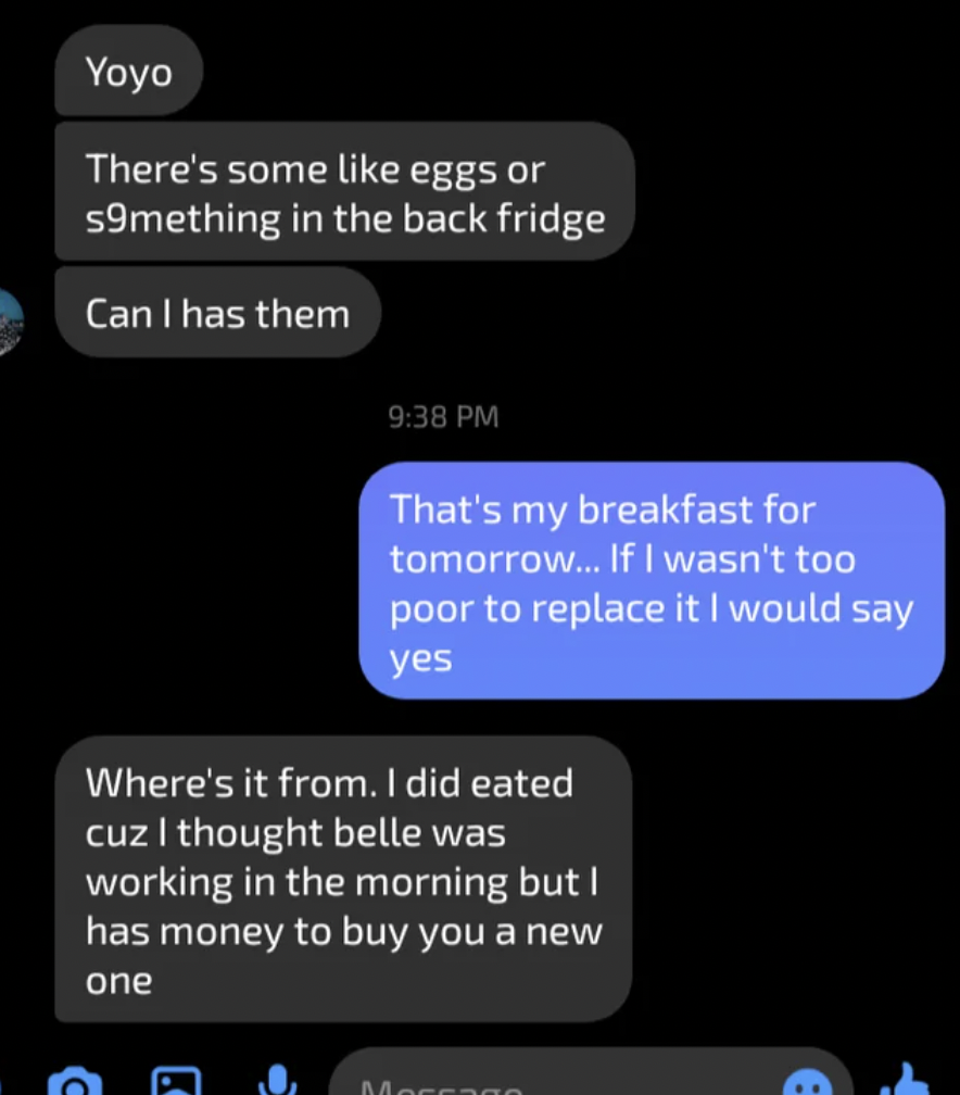 screenshot - Yoyo There's some eggs or s9mething in the back fridge Can I has them That's my breakfast for tomorrow.... If I wasn't too poor to replace it I would say yes Where's it from. I did eated cuz I thought belle was working in the morning but I ha