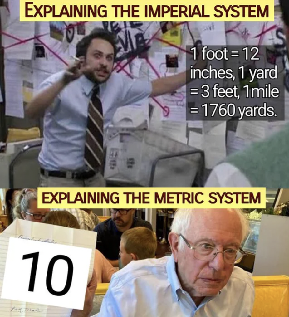 trying to explain something meme - Explaining The Imperial System 1 foot 12 inches, 1 yard 3 feet, 1 mile 1760 yards. Explaining The Metric System 10