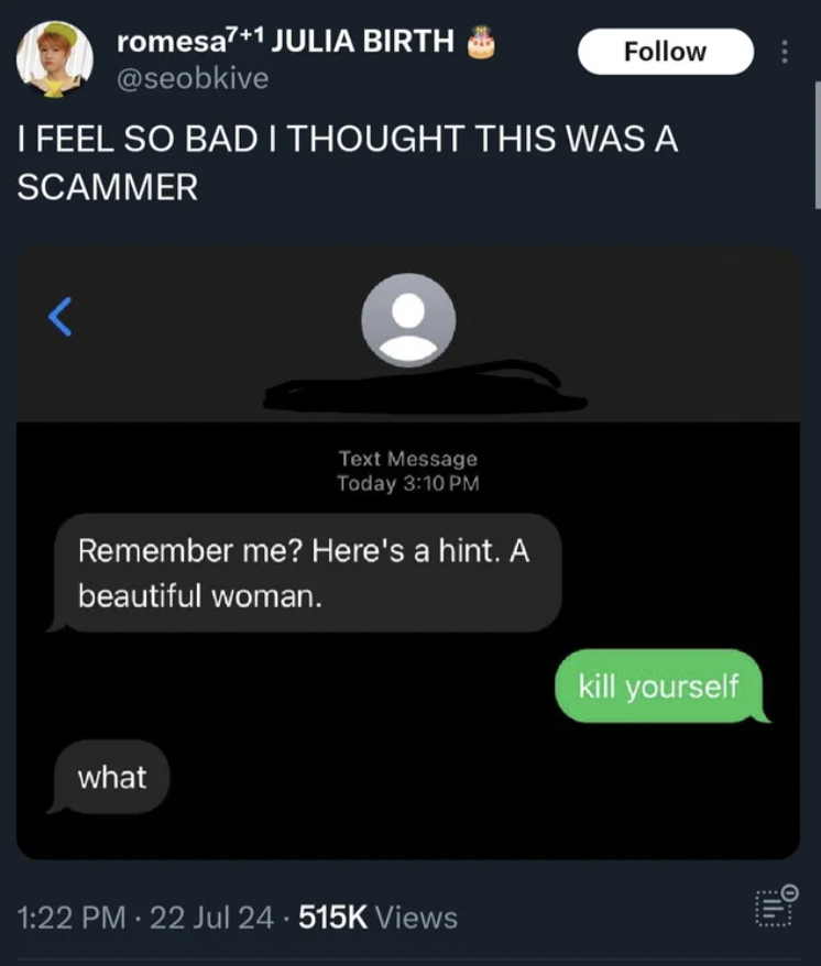 screenshot - romesa71 Julia Birth I Feel So Bad I Thought This Was A Scammer Text Message Today Remember me? Here's a hint. A beautiful woman. what 22 Jul Views kill yourself