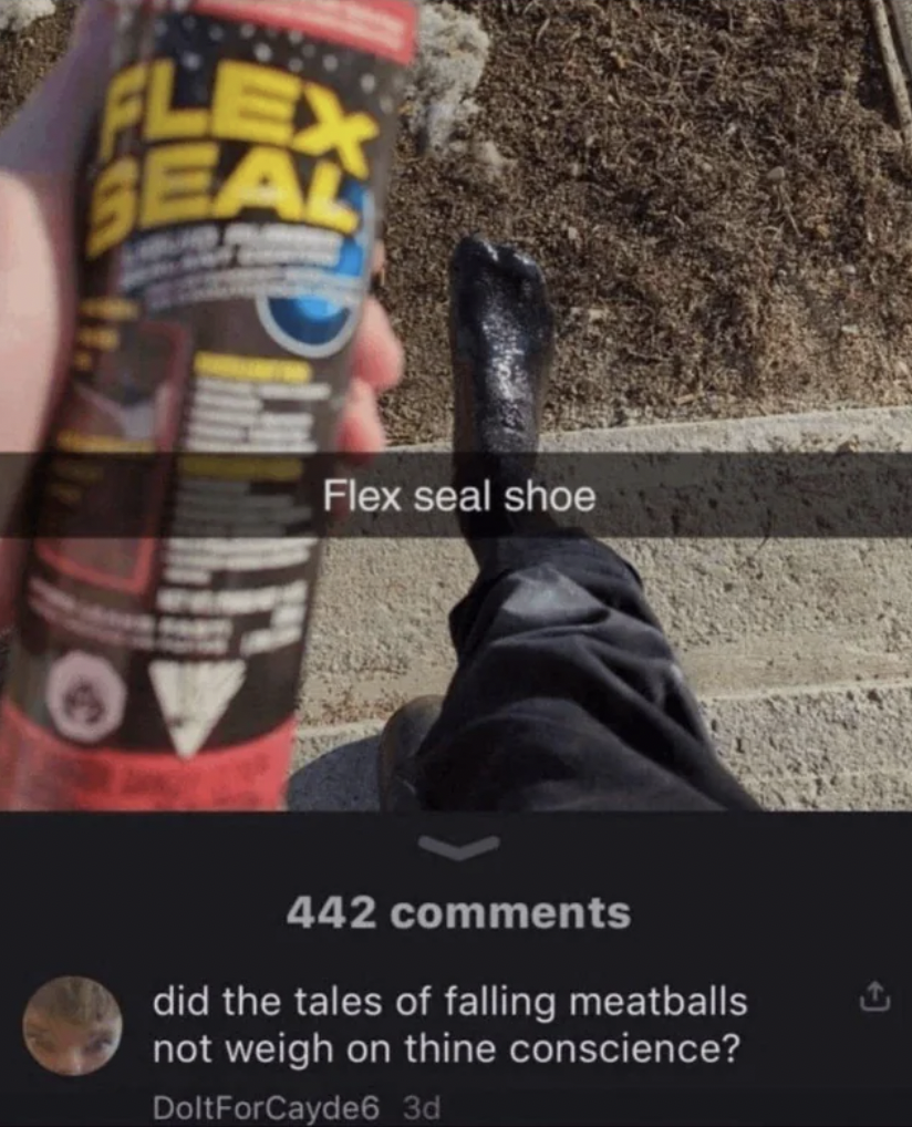 flex seal shoe - Lex Seal Flex seal shoe 442 did the tales of falling meatballs not weigh on thine conscience? DoltForCayde6 3d