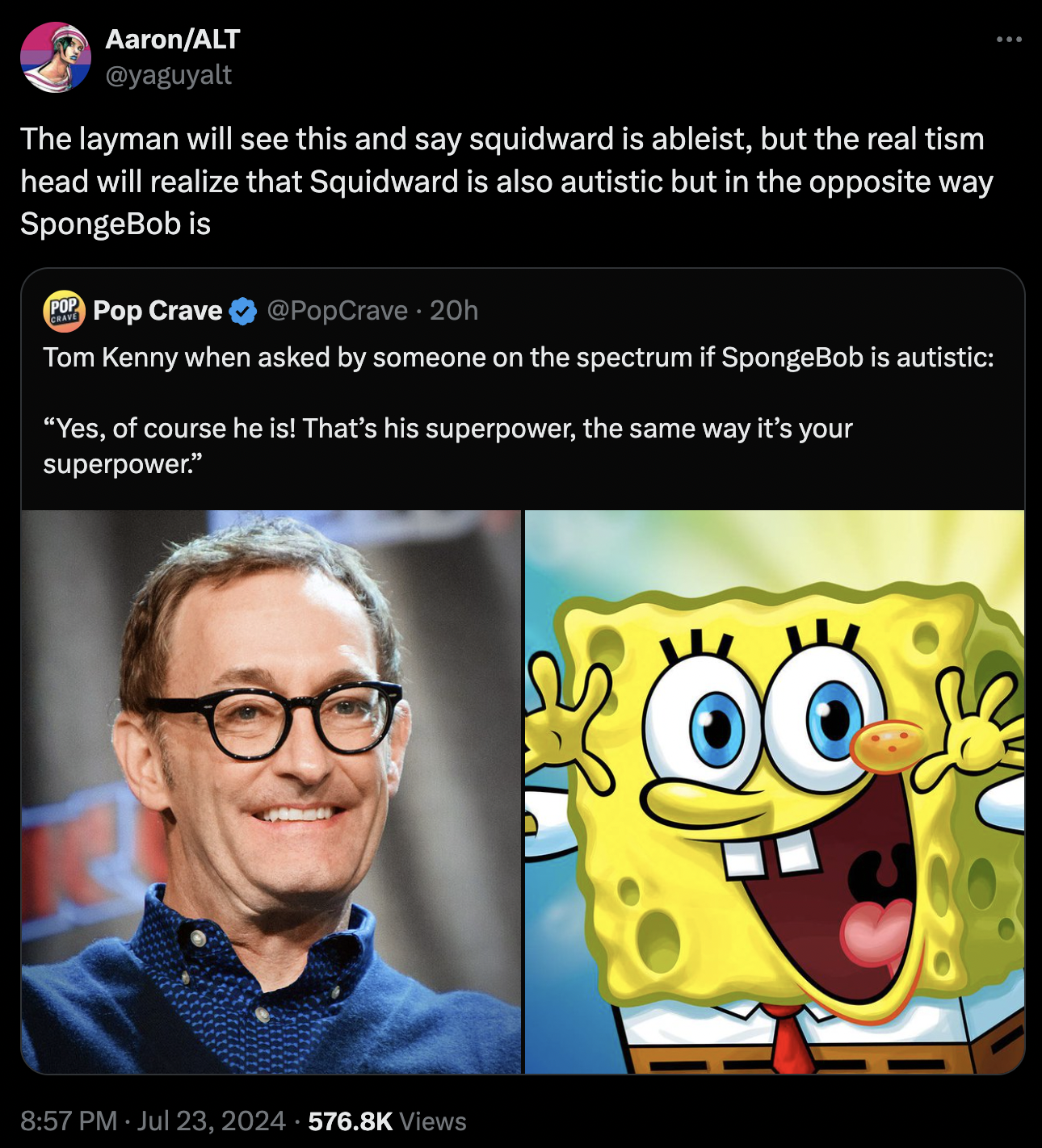 sponge bob - AaronAlt The layman will see this and say squidward is ableist, but the real tism head will realize that Squidward is also autistic but in the opposite way SpongeBob is Pop Crave 20h Tom Kenny when asked by someone on the spectrum if SpongeBo