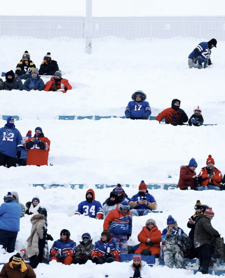 Bills fans waiting for kickoff after digging their seats out of snowbanks in Buffalo, NY.