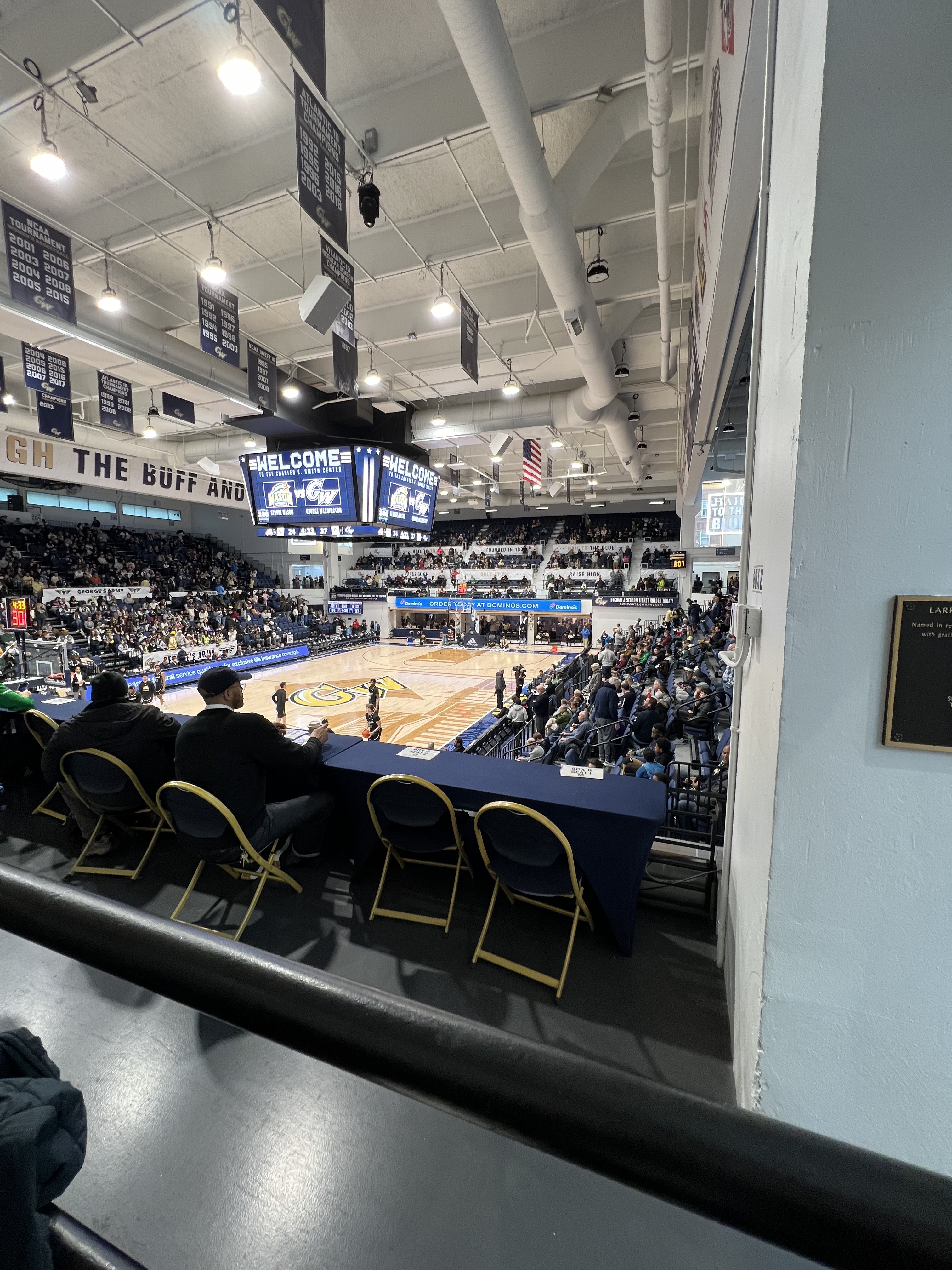 Sec 218 Row A at the Charles E. Smith Center. You have to stand up to see the baseline. 