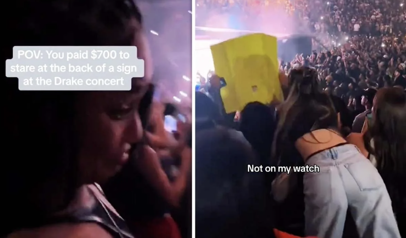 Woman tears down fan's sign blocking her view after 'paying $700' for Drake show ticket.