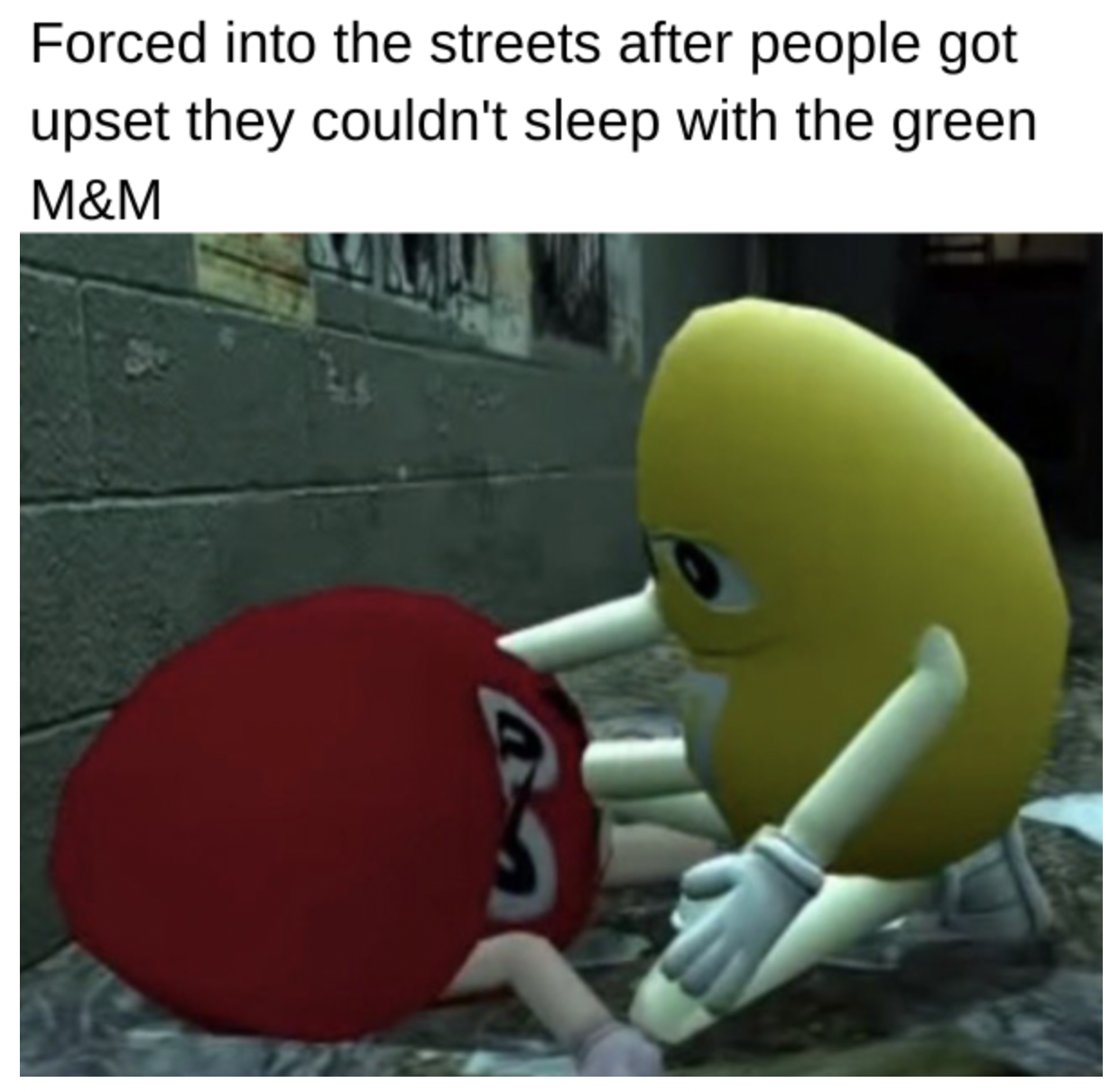 cringe reaction meme - Forced into the streets after people got upset they couldn't sleep with the green M&M