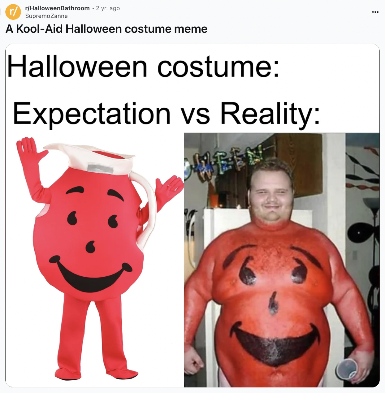 kool aid man meme - rHalloweenBathroom 2 yr. ago Supremo Zanne A KoolAid Halloween costume meme Halloween costume Expectation vs Reality