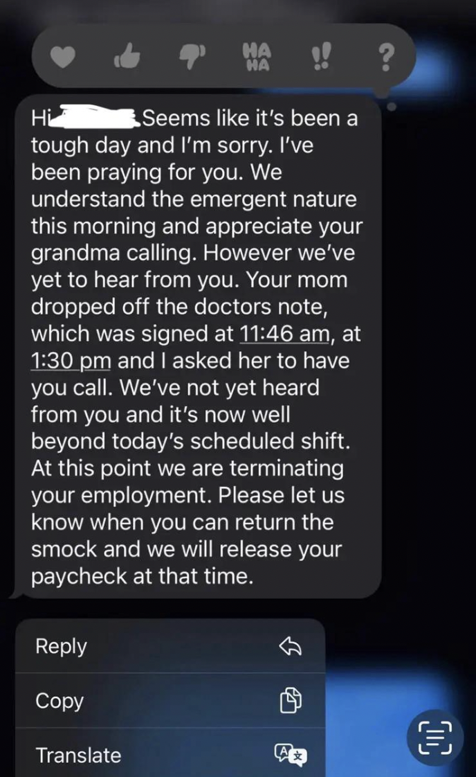 screenshot - Ma ? Hi Seems it's been a tough day and I'm sorry. I've been praying for you. We understand the emergent nature this morning and appreciate your grandma calling. However we've yet to hear from you. Your mom dropped off the doctors note, which