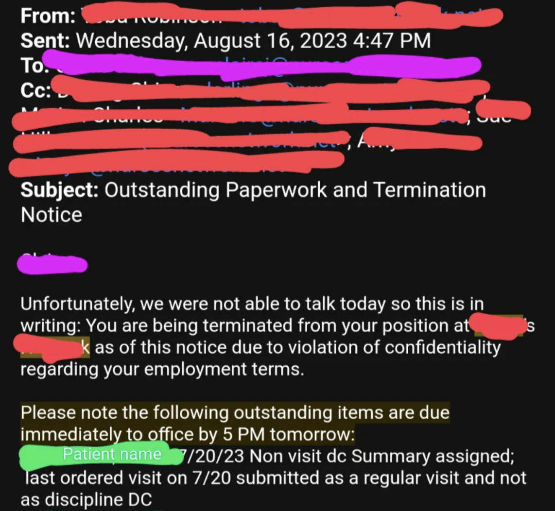 gun - From Sent Wednesday, To. Cc Subject Outstanding Paperwork and Termination Notice Unfortunately, we were not able to talk today so this is in writing You are being terminated from your position at kas of this notice due to violation of confidentialit