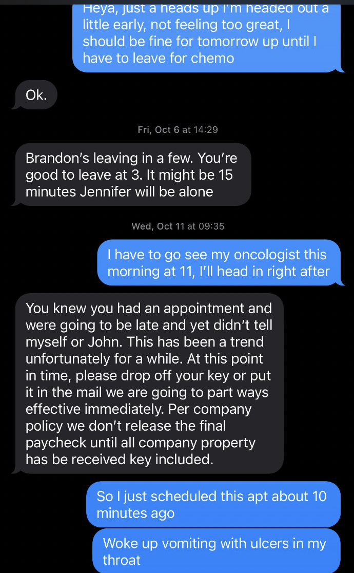 screenshot - Ok. Heya, just a heads up I'm neaded out a little early, not feeling too great, I should be fine for tomorrow up until I have to leave for chemo Fri, Oct 6 at Brandon's leaving in a few. You're good to leave at 3. It might be 15 minutes Jenni