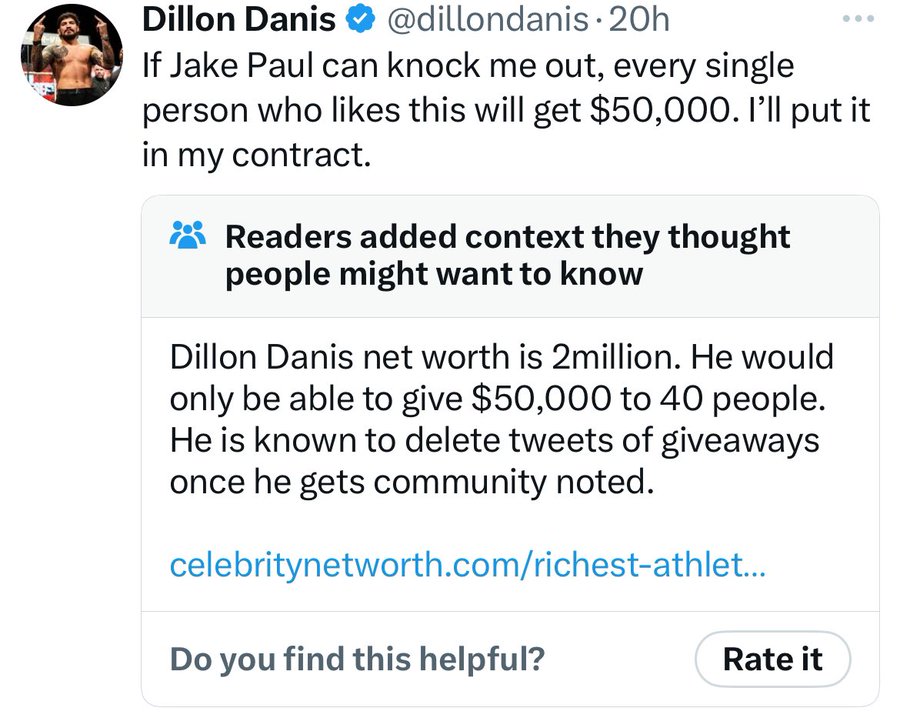 screenshot - Dillon Danis 20h If Jake Paul can knock me out, every single person who this will get $50,000. I'll put it in my contract. Readers added context they thought people might want to know Dillon Danis net worth is 2million. He would only be able 