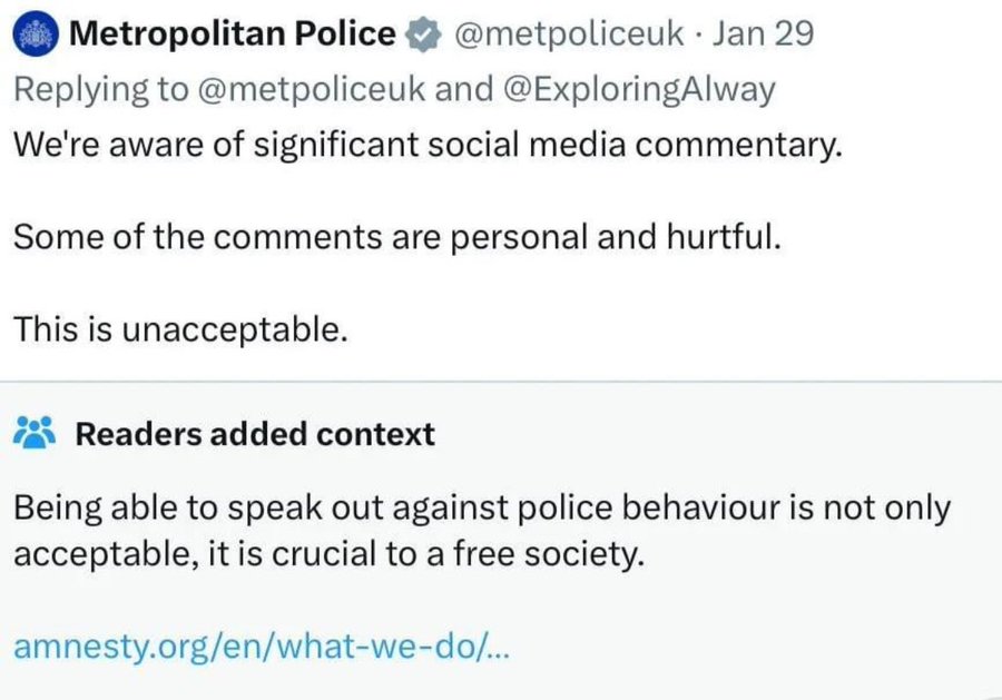 screenshot - Metropolitan Police Jan 29 and We're aware of significant social media commentary. Some of the are personal and hurtful. This is unacceptable. Readers added context Being able to speak out against police behaviour is not only acceptable, it i