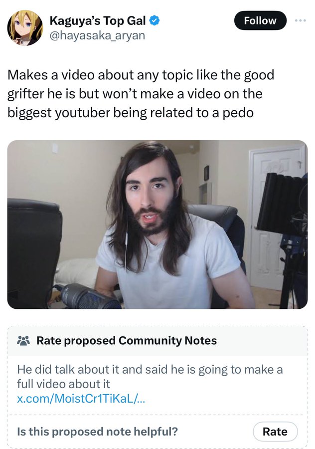 screenshot - Kaguya's Top Gal Makes a video about any topic the good grifter he is but won't make a video on the biggest youtuber being related to a pedo Rate proposed Community Notes He did talk about it and said he is going to make a full video about it