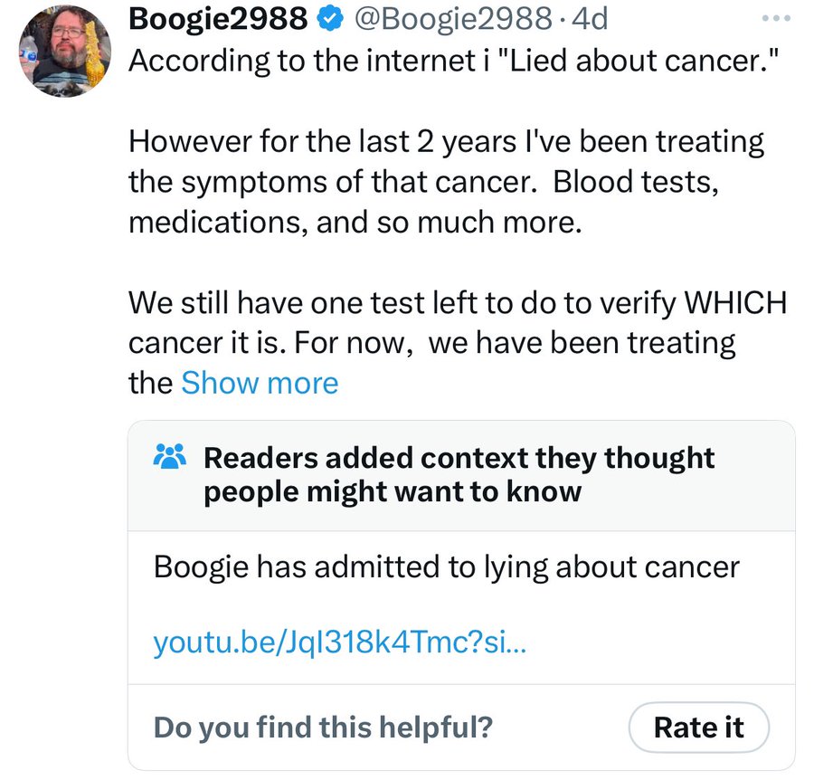 screenshot - Boogie2988 According to the internet i "Lied about cancer." However for the last 2 years I've been treating the symptoms of that cancer. Blood tests, medications, and so much more. We still have one test left to do to verify Which cancer it i