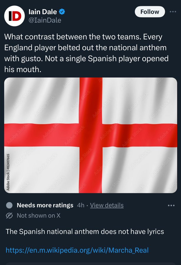 screenshot - Adobe Stock | Id lain Dale Dale What contrast between the two teams. Every England player belted out the national anthem with gusto. Not a single Spanish player opened his mouth. Adobe Stock Adobe Stock Adobe Stock Adobe Adobe St Adob Adobe S