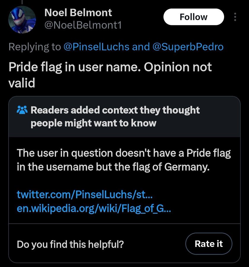 screenshot - Noel Belmont Luchs and Pride flag in user name. Opinion not valid Readers added context they thought people might want to know The user in question doesn't have a Pride flag in the username but the flag of Germany. twitter.comPinselLuchsst...