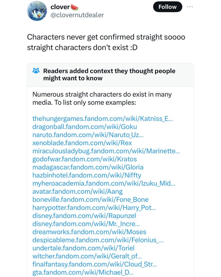 screenshot - clover Characters never get confirmed straight soooo straight characters don't exist D Readers added context they thought people might want to know Numerous straight characters do exist in many media. To list only some examples…