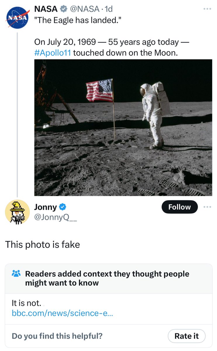 long can you survive in the moon - Nasa . 1d Nasa "The Eagle has landed." On 55 years ago today touched down on the Moon. Jonny This photo is fake Readers added context they thought people might want to know It is not. bbc.comnewssciencee... Do you find t