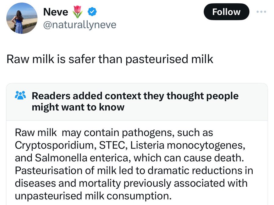 screenshot - Neve Raw milk is safer than pasteurised milk Readers added context they thought people might want to know Raw milk may contain pathogens, such as Cryptosporidium, Stec, Listeria monocytogenes, and Salmonella enterica, which can cause death. P