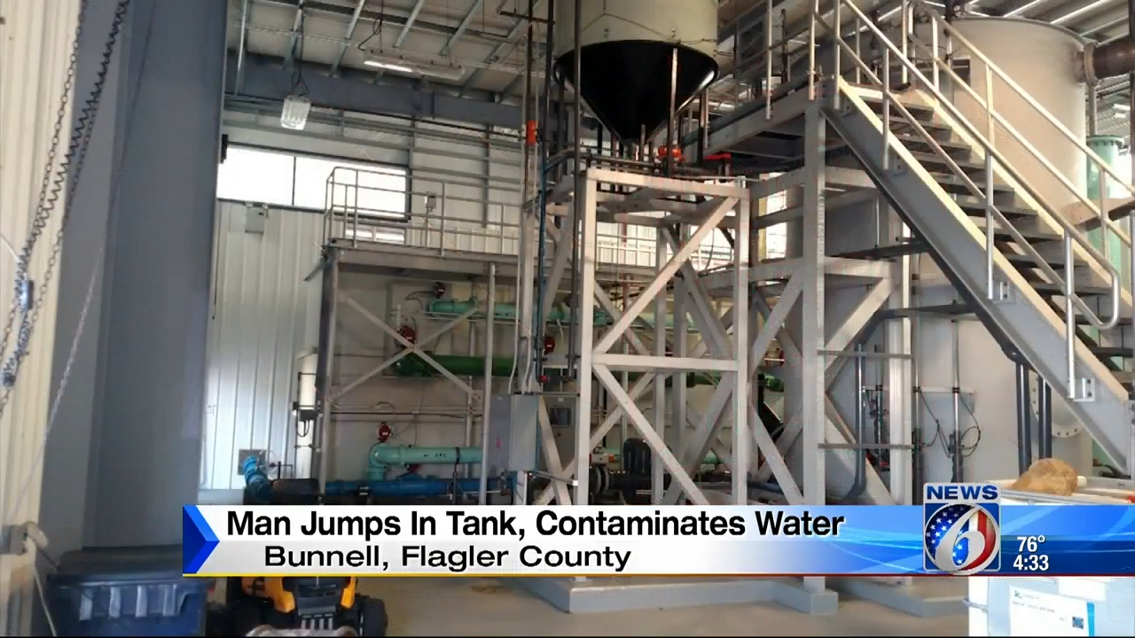 Florida man jumps in, and contaminates a water tank before being caught. 