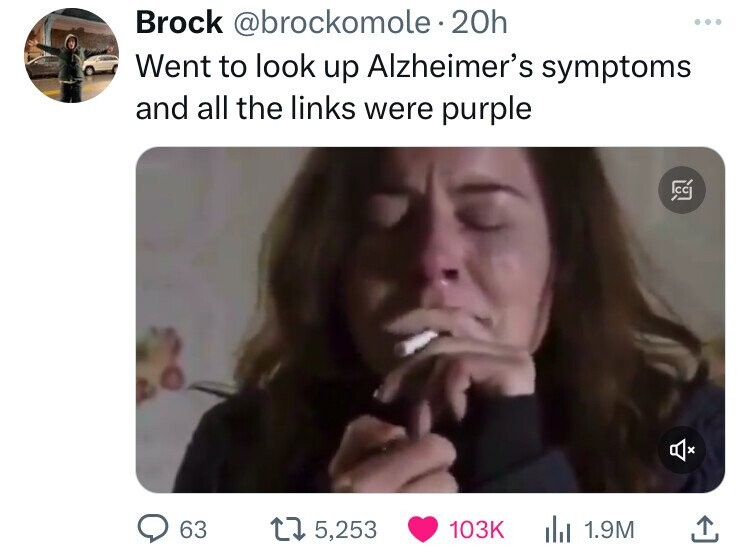 girl - Brock . 20h Went to look up Alzheimer's symptoms and all the links were purple c 63 15, ili 1.9M