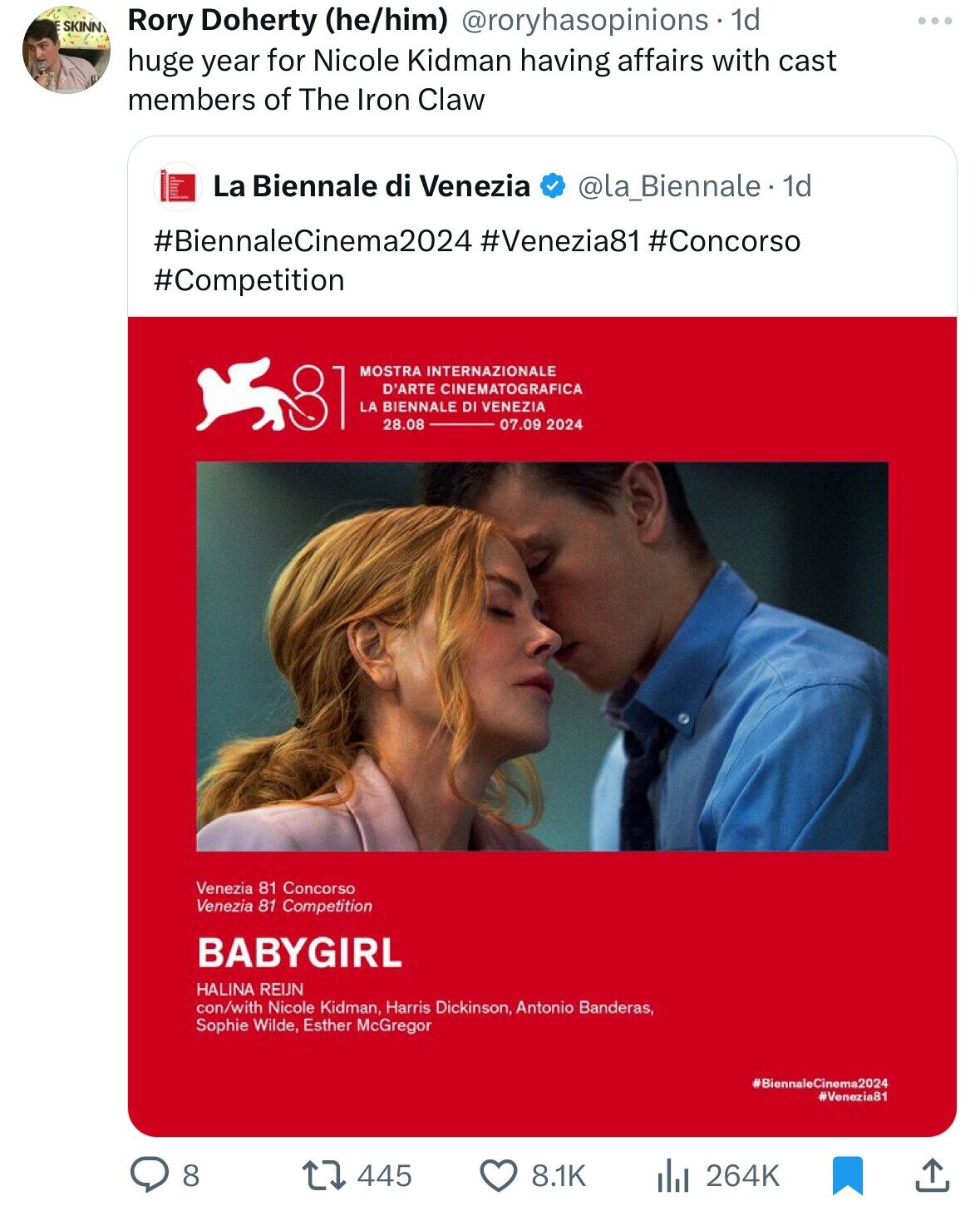 Babygirl - Skinn Rory Doherty hehim . 1d huge year for Nicole Kidman having affairs with cast members of The Iron Claw La Biennale di Venezia . 1d 581 Mostra Internazionale D'Arte Cinematografica La Biennale Di Venezia 28.08 07.09 2024 Venezia 81 Concorso