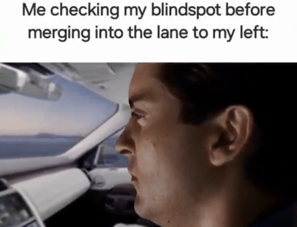 Internet meme - Me checking my blindspot before merging into the lane to my left