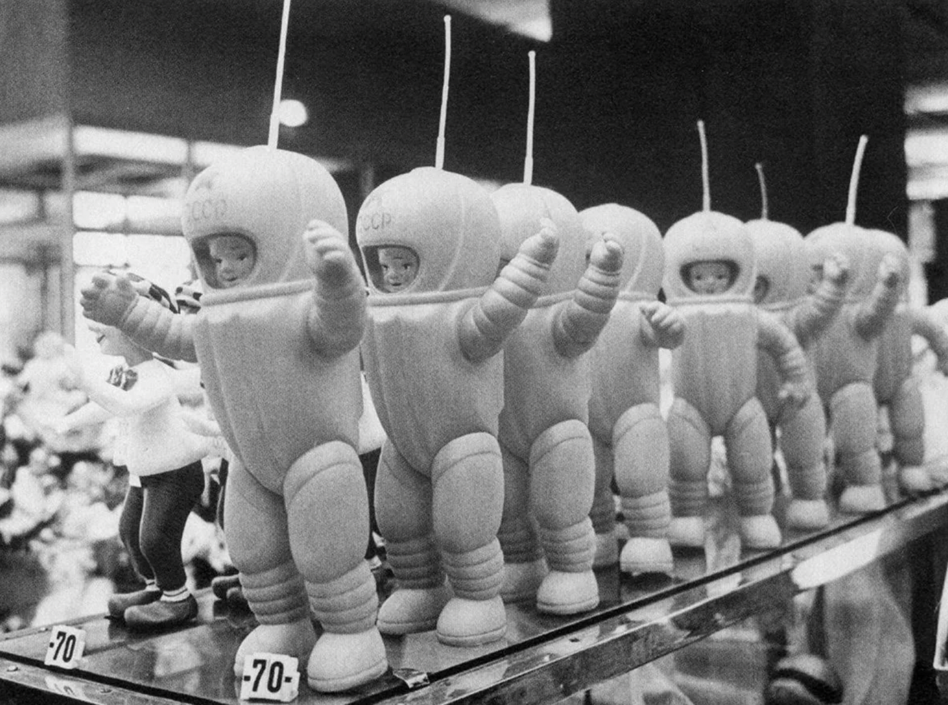 Toy cosmonauts line a shelf in the Moskva department store, 1967.