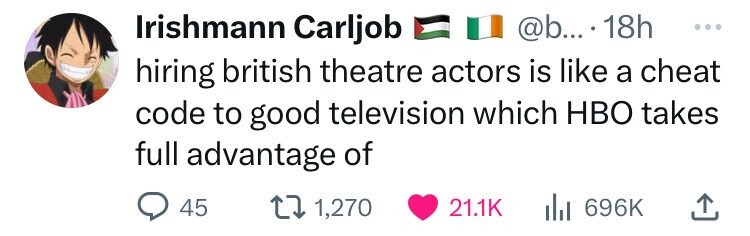 number - Irishmann Carljob .... 18h hiring british theatre actors is a cheat code to good television which Hbo takes full advantage of 45 1,270 Ill