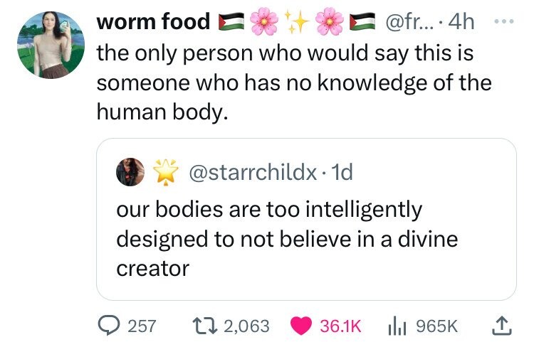 screenshot - worm food ....4h the only person who would say this is someone who has no knowledge of the human body. . 1d our bodies are too intelligently designed to not believe in a divine creator 257 12,063 Ill