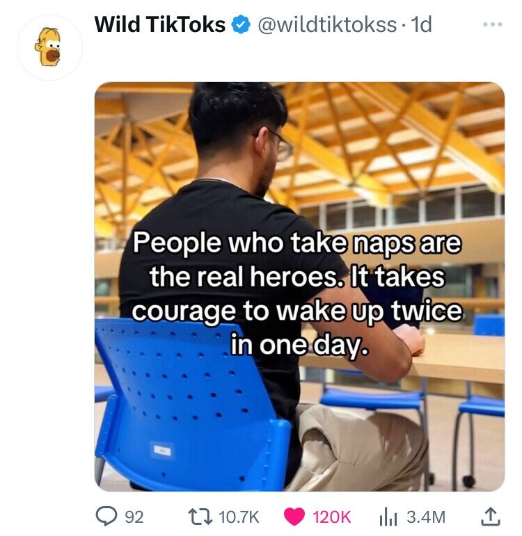 screenshot - Wild TikToks . 1d People who take naps are the real heroes. It takes courage to wake up twice in one day. 92 lil 3.4M