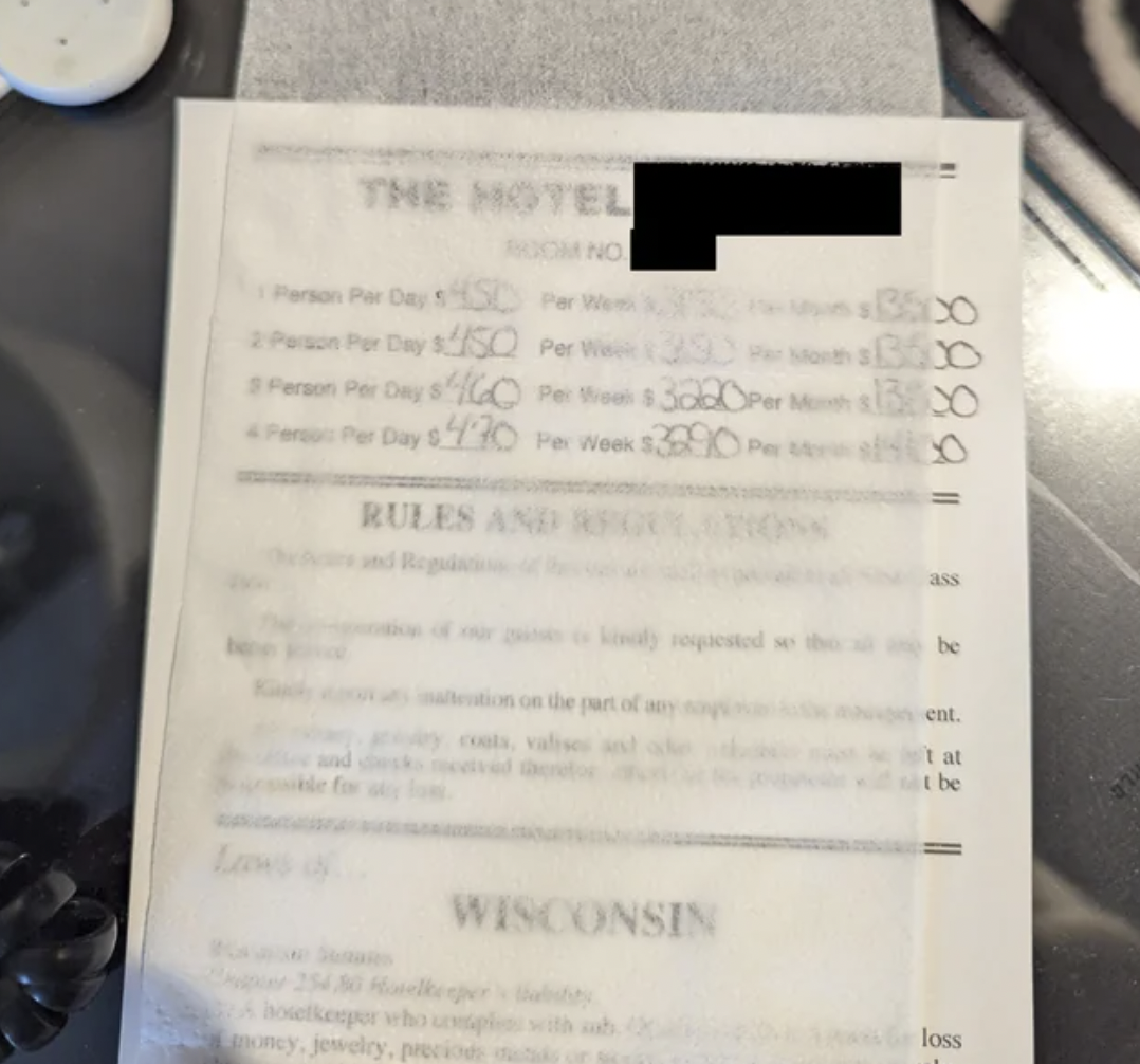 document - The Motel Cm No Person Par Day Sw 3500 2P Par Day 50 Per V Persen Per Oy Op 300Per M 1300 Per Day 470 Per Week 13690 Pe Rules And R Les ekenport Wisconsin as be ent. tat tbe loss